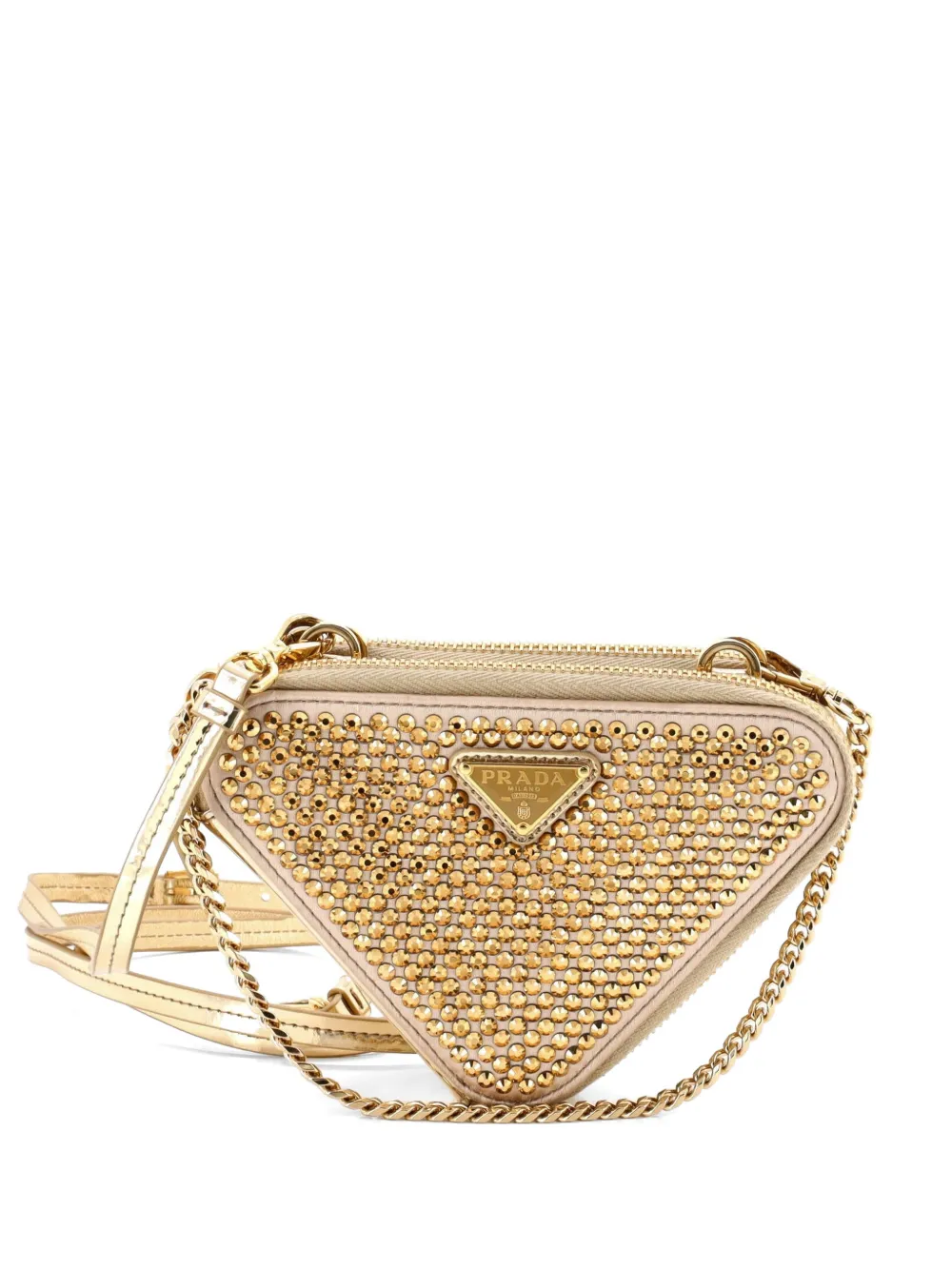 Prada Pre-Owned Triangle Double Pouch Crystal Embellished Satin Mini crossbody bag - Gold