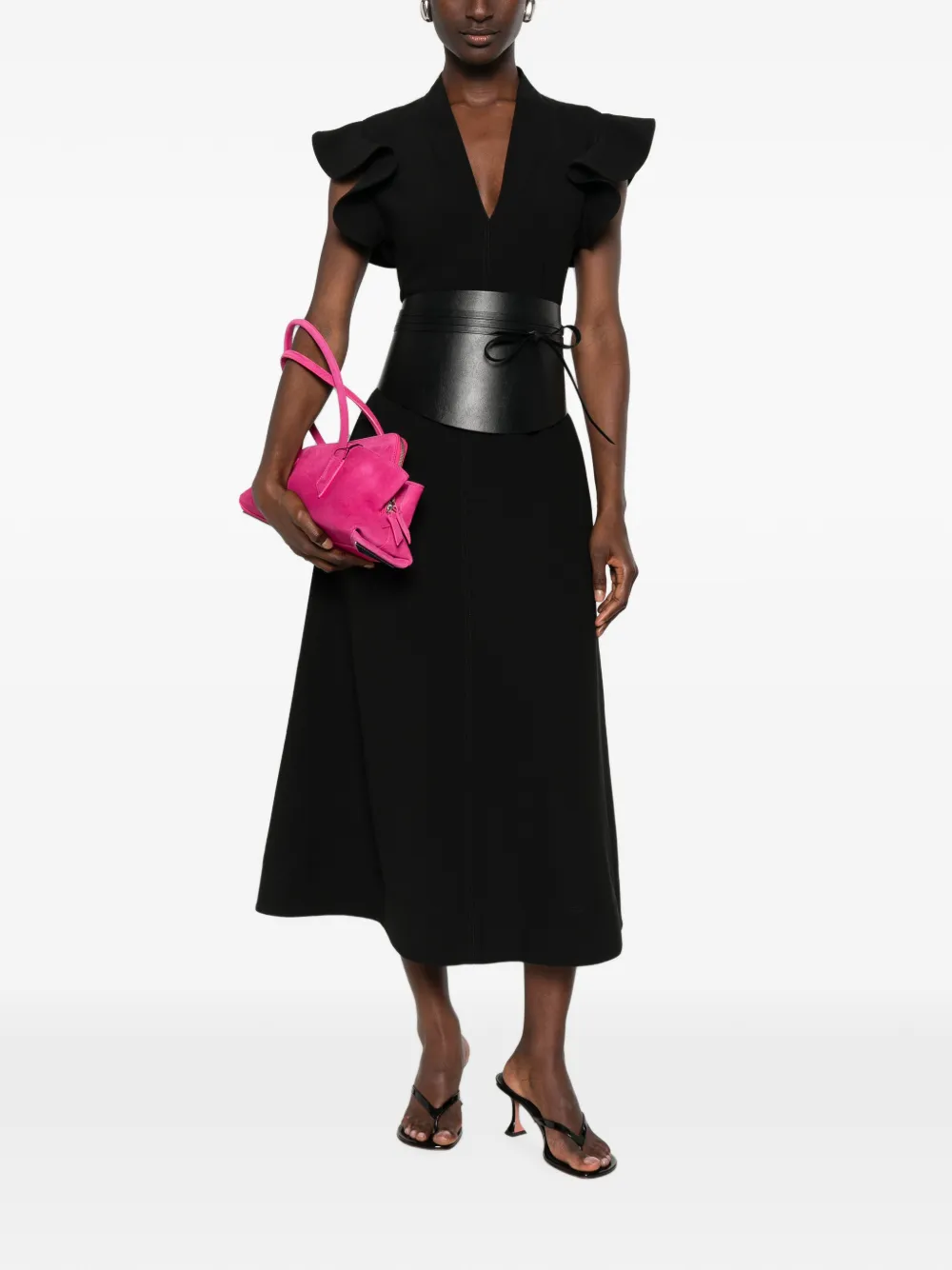 Moschino Midi-jurk met V-hals en ruchemouwen Zwart