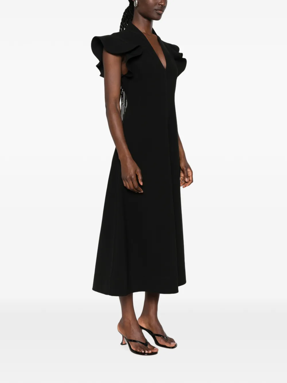 Moschino Midi-jurk met V-hals en ruchemouwen Zwart