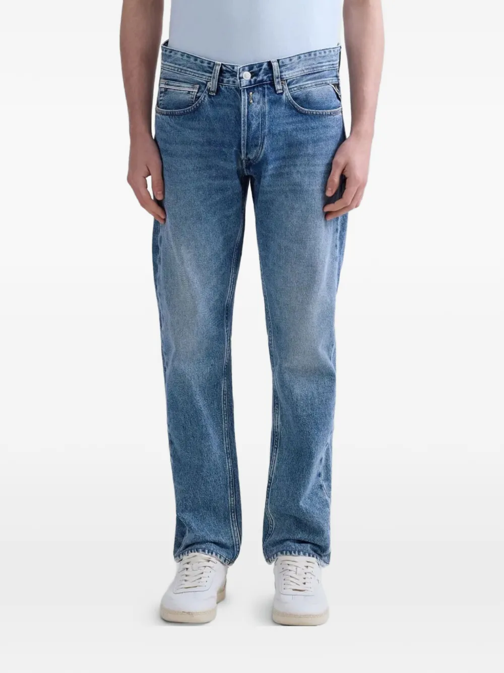 Replay Jeans met vervaagd effect en logopatch Blauw