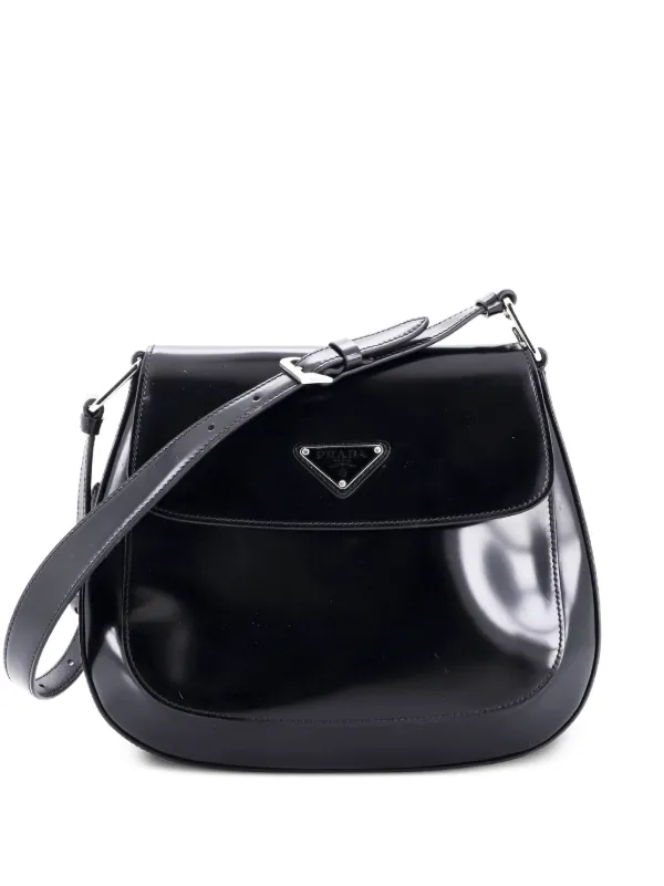 Prada Pre-owned Cleo Flap Spazzolato Leather Large Shoulder Bag in Black