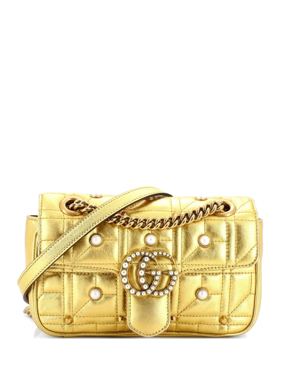 Gucci Pre-Owned Pearly GG Marmont Flap Bag Embellished Matelasse Leather Mini shoulder bag - Oro