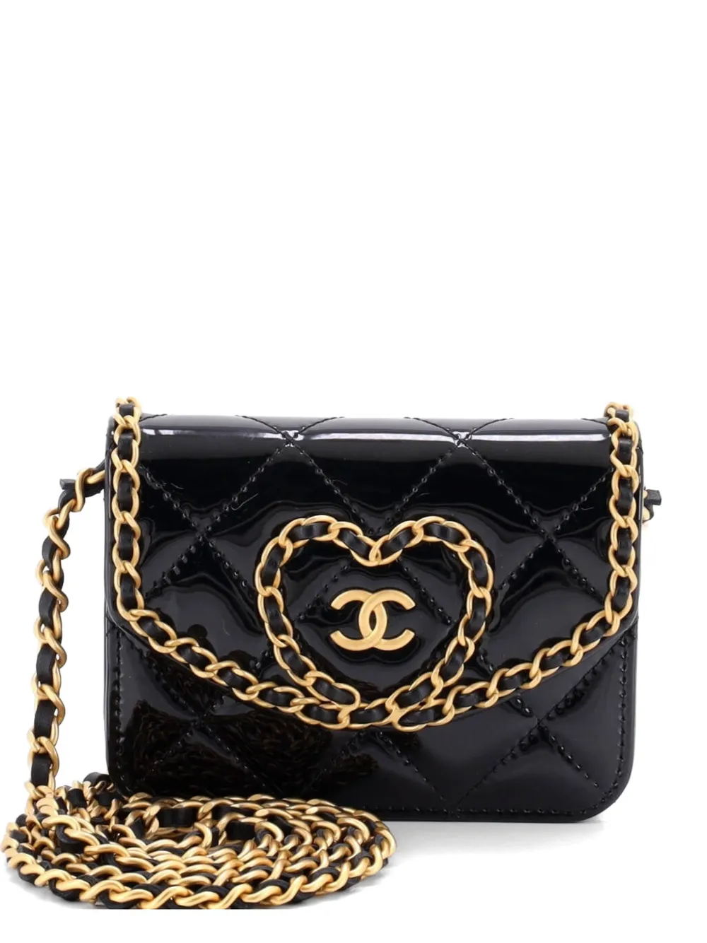 CHANEL Pre-Owned Heart Chain Flap Bag Quilted Patent Mini crossbody bag - Nero