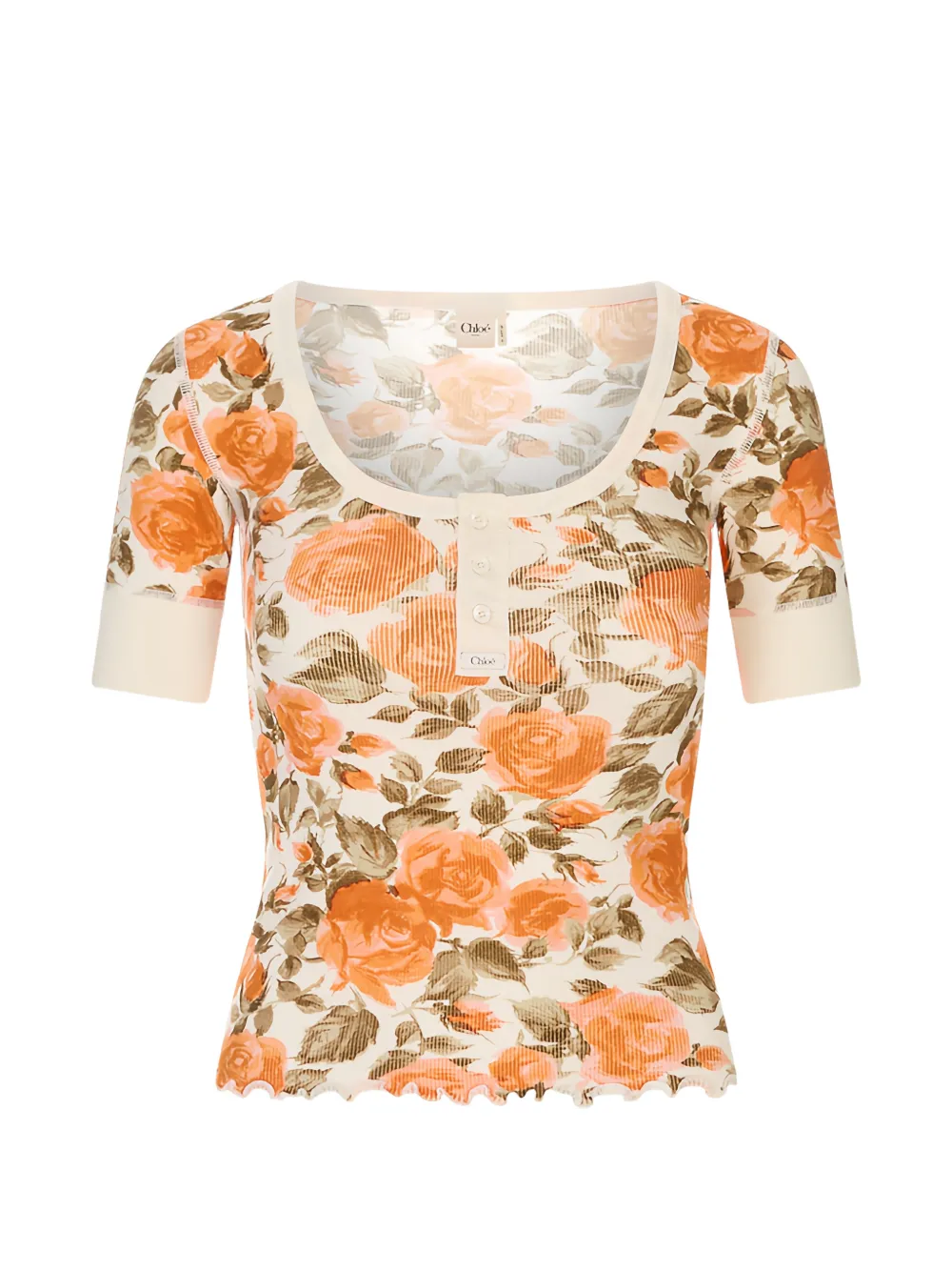 Chloé floral-print ribbed-knit t-shirt - Toni neutri