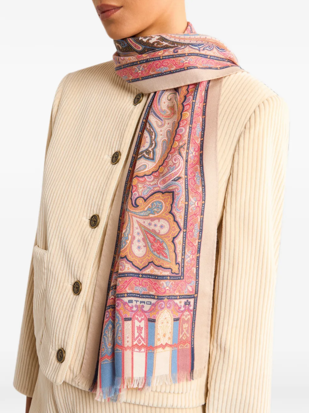 ETRO Kasjmier zijde en wollen sjaal met paisley-patroon Beige