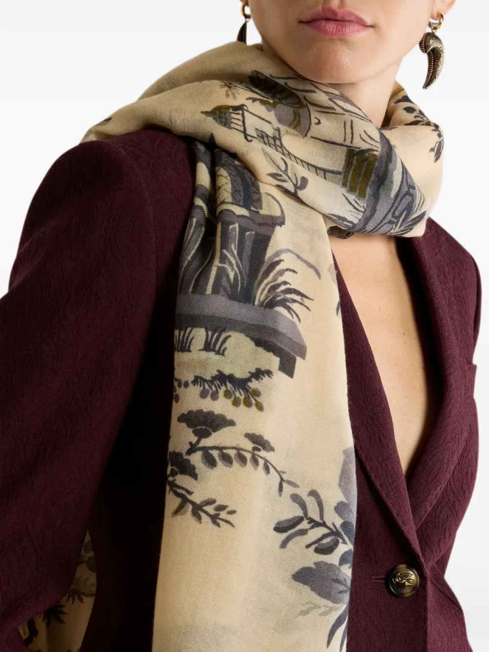 ETRO Sjaal van wol en kasjmier met bloemen-patroon Beige