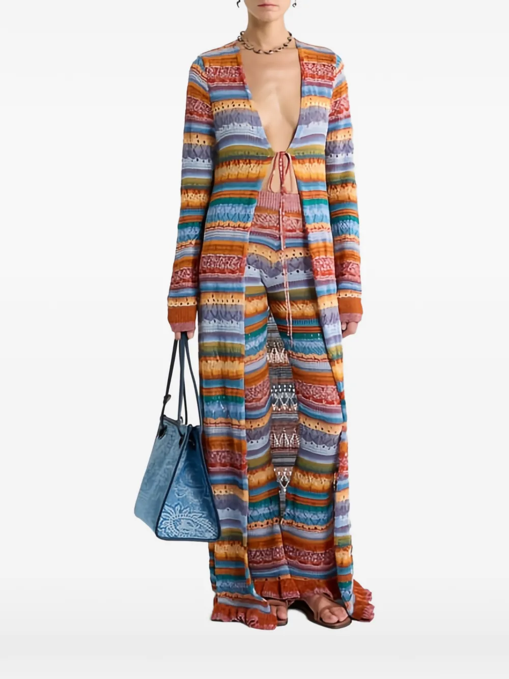ETRO long-knit cotton cardigan with stripes and openwork