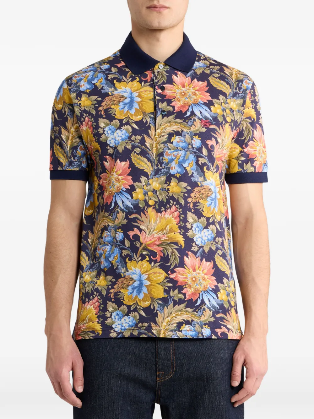 ETRO Katoenen-piqué poloshirt met effen kleurdetails en bloemenpatroon Blauw