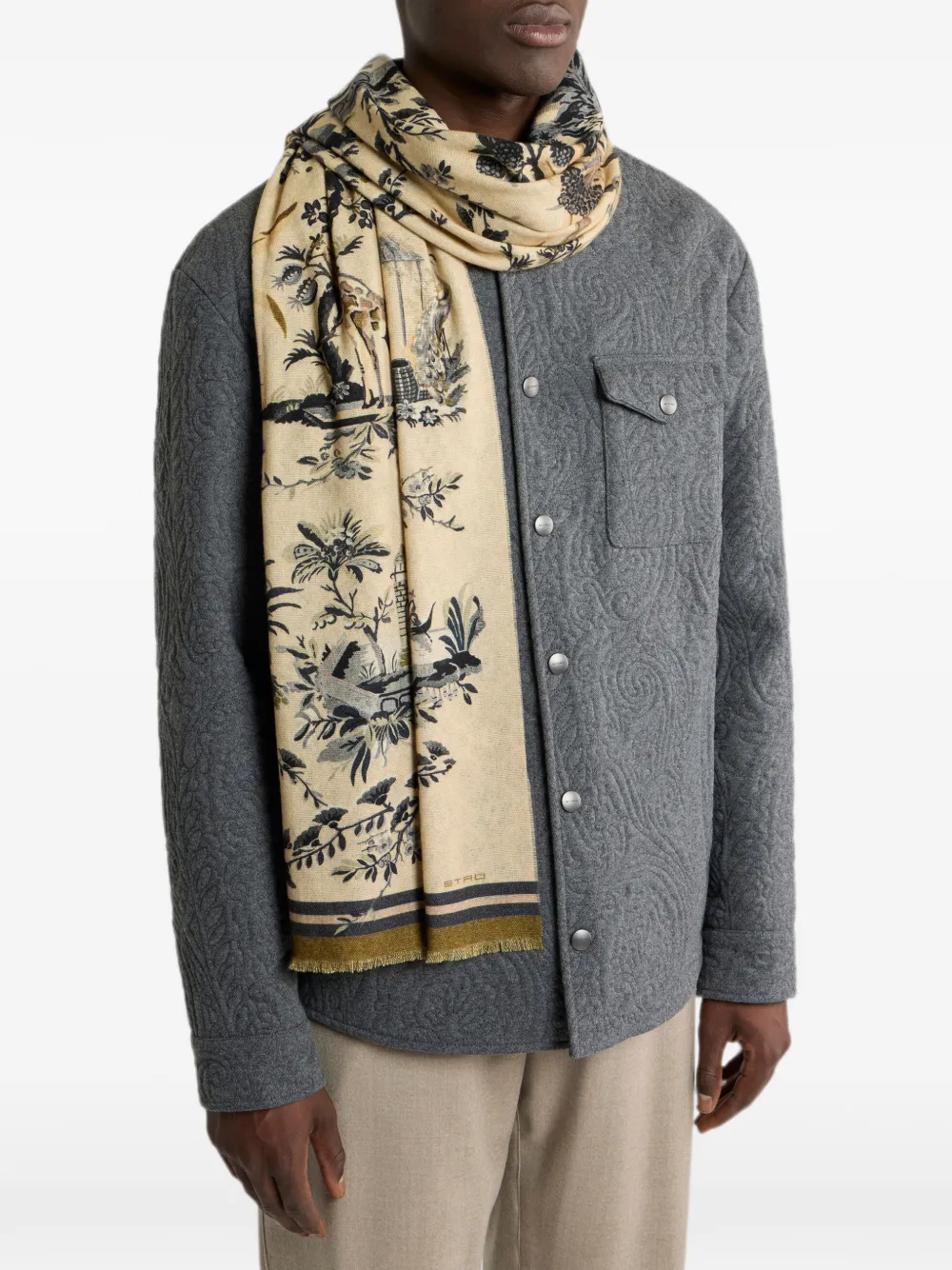 ETRO Geborstelde wollen sjaal met twee prints Beige