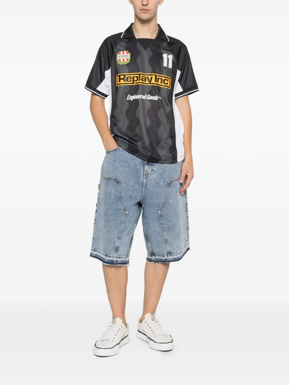Replay Shirt met polokraag en print Grijs
