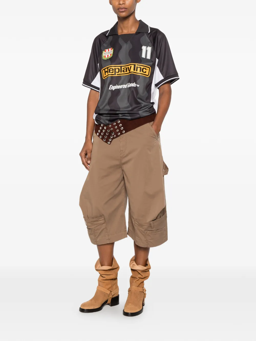 Replay Shirt met polokraag en print Grijs
