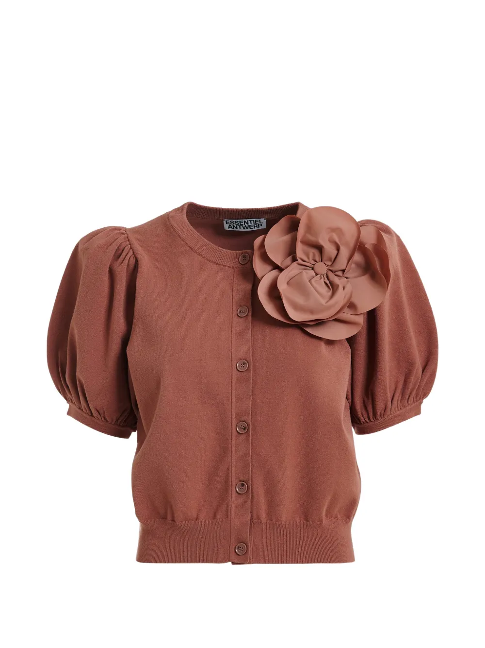 Essentiel Antwerp flower-brooch puff-sleeve cardigan - Marrone