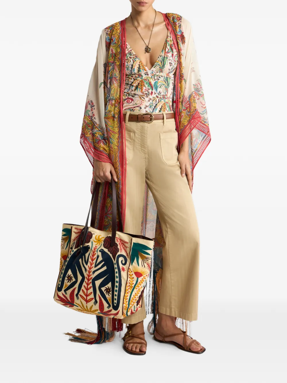 ETRO midi-jurk met paisley-print en franje Beige