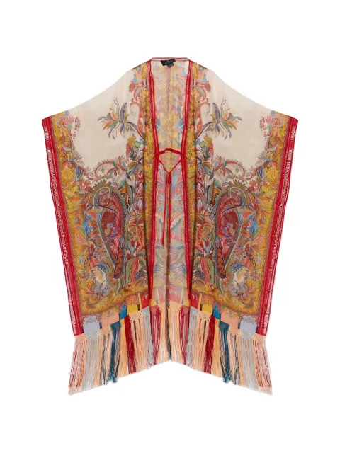 ETRO seersucker kaftan with fringing and placed Paisley foliage print