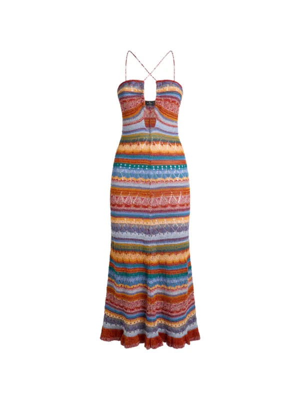 Etro Long-knit Cotton Dress with Stripes and Openwork in Red
