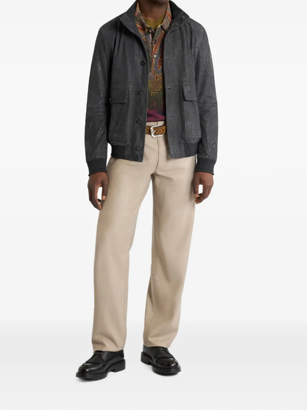 ETRO Arnica paisley-print suede bomber jacket Zwart