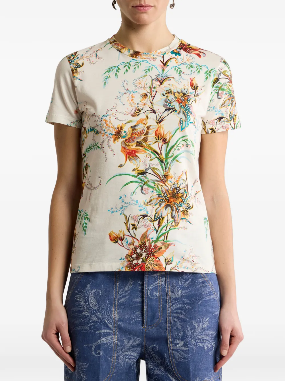 ETRO Katoenen T-shirt met bloemenpatroon Beige