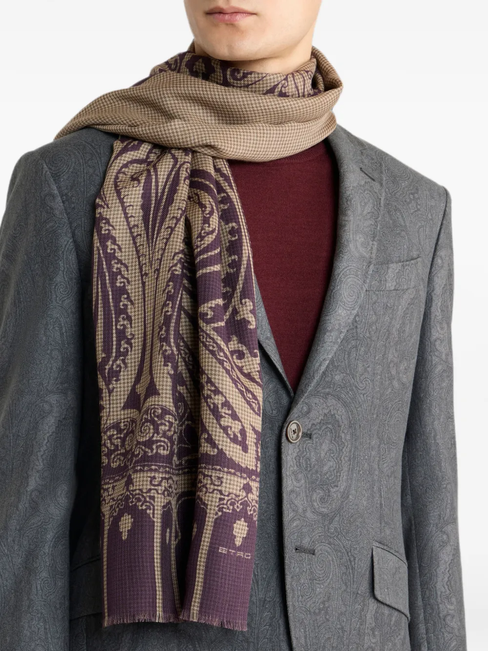 ETRO Wollen en zijden sjaal met pied-de-poule patroon en paisley-print Paars
