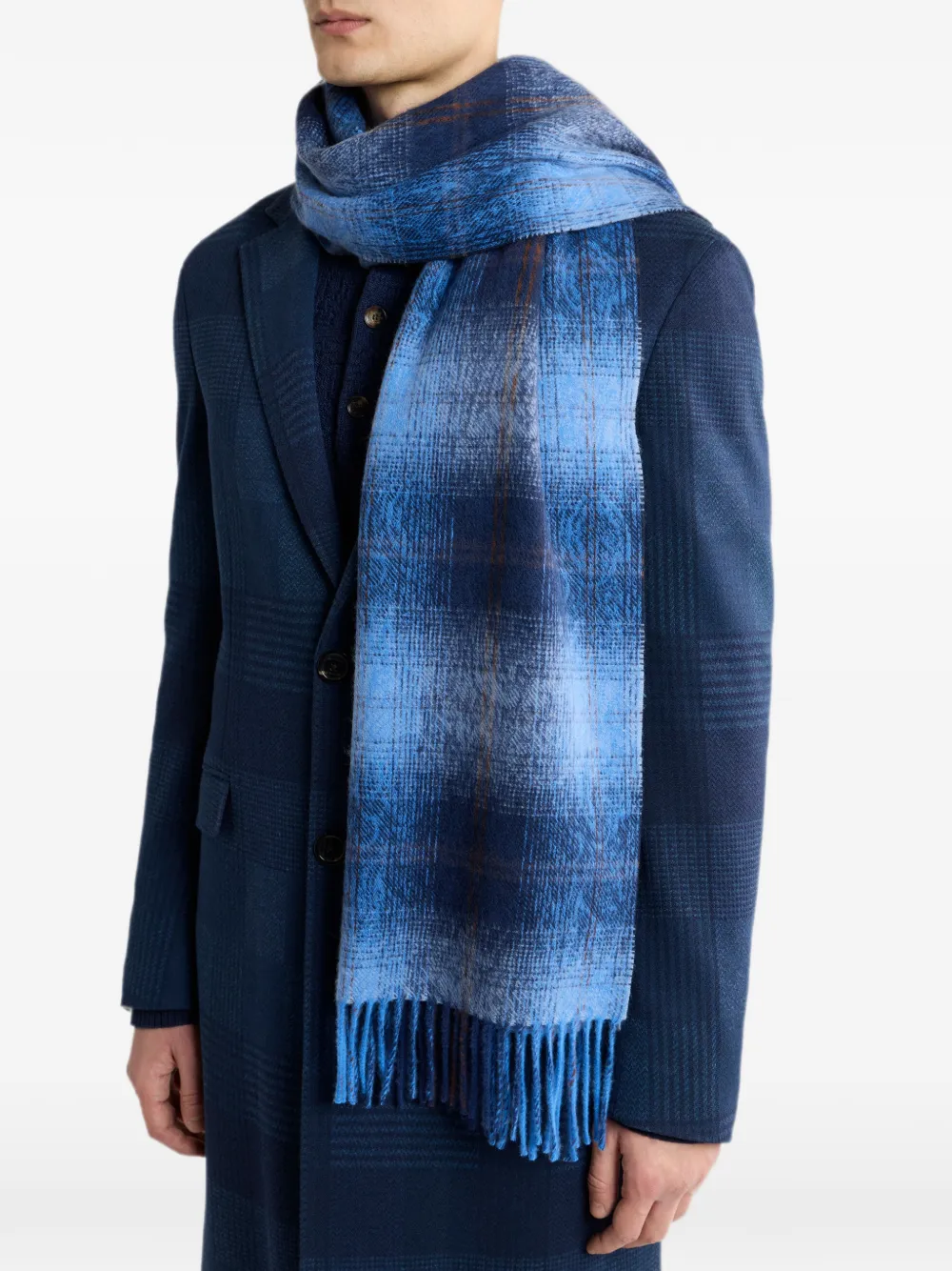 ETRO Sjaal van wol en kasjmier-jacquard met Arnica en geruit patroon Blauw