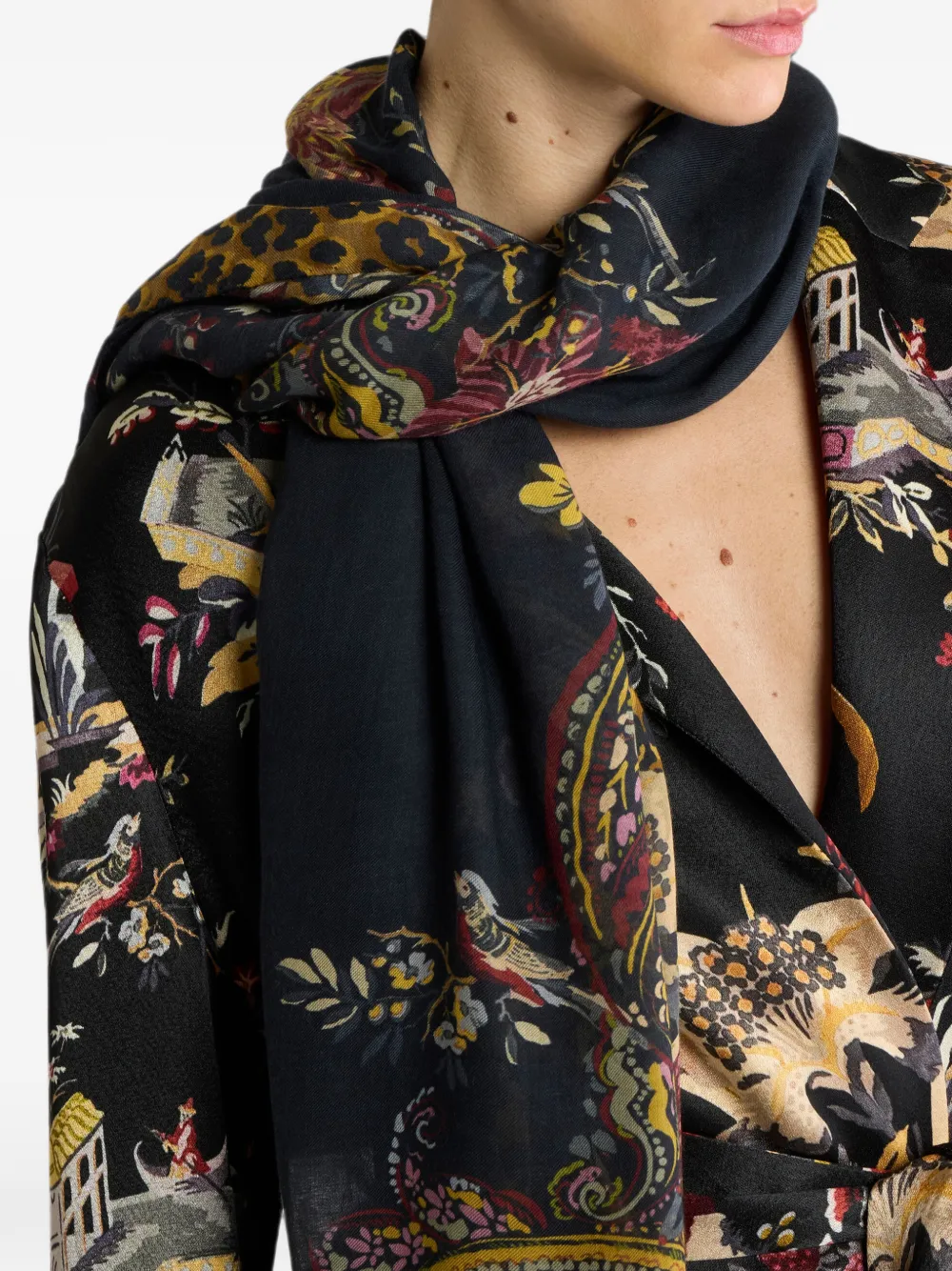 ETRO Sjaal van modaal en kasjmier met dier- en paisley-print Zwart