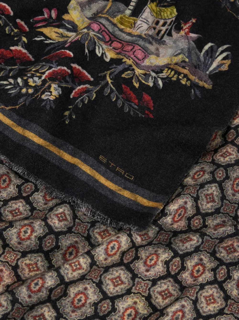 ETRO Geborstelde wollen sjaal met twee prints Zwart