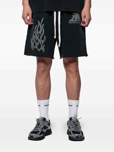 GODMADE logo-print raw-edge shorts