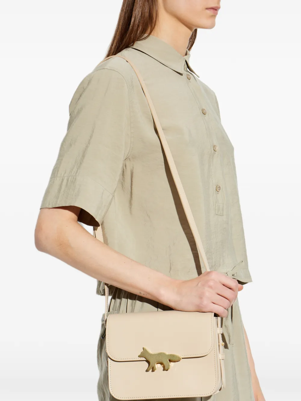 Maison Kitsuné Edie schoudertas met vos-plakkaat Beige