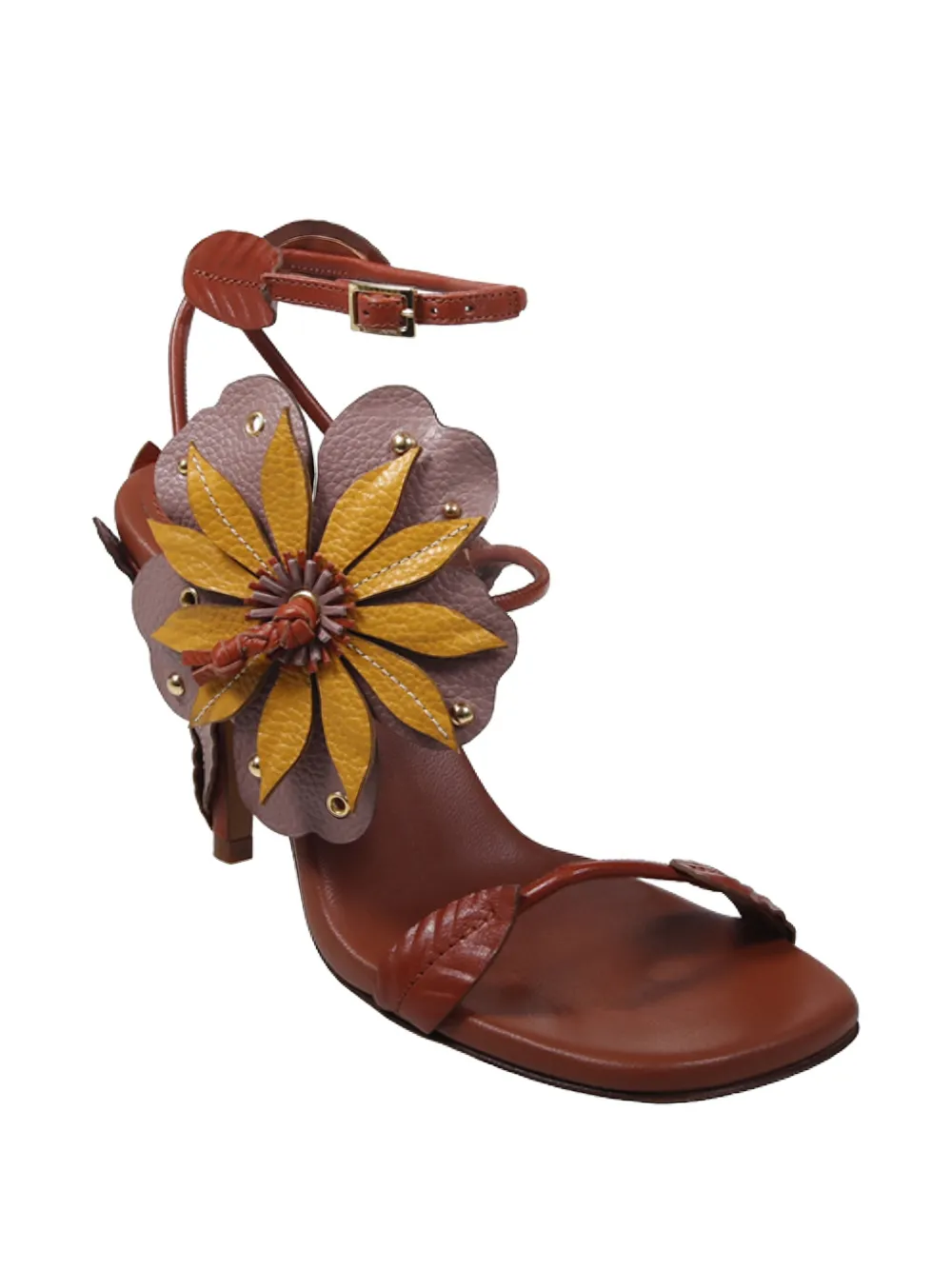 ZIMMERMANN Brightside leren sandalen met bloemenpatch Bruin