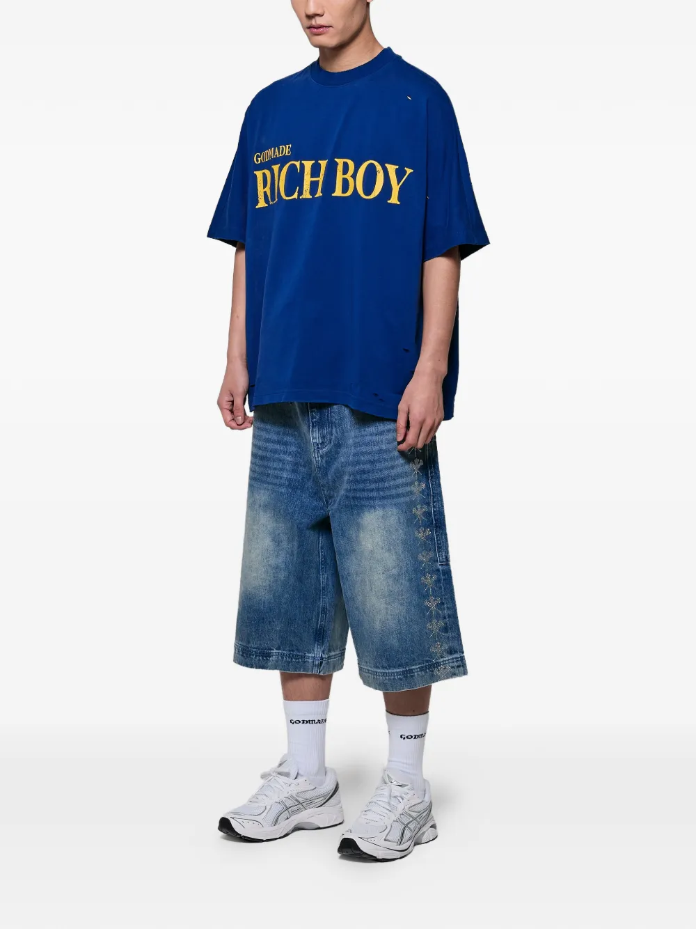 GODMADE Gerafeld T-shirt met logoprint Blauw