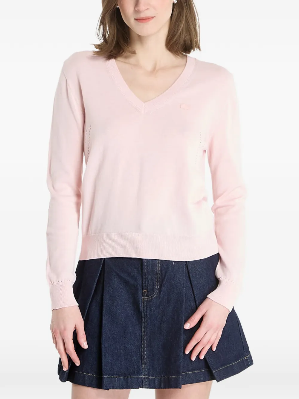 Lacoste logo-patch V-neck cotton sweater - Rosa