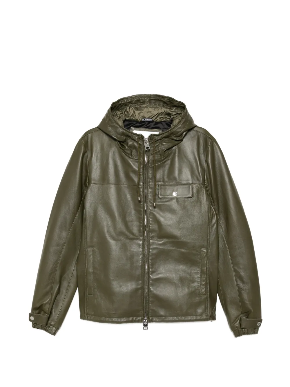 Les Hommes Leather Hooded Jacket In Green