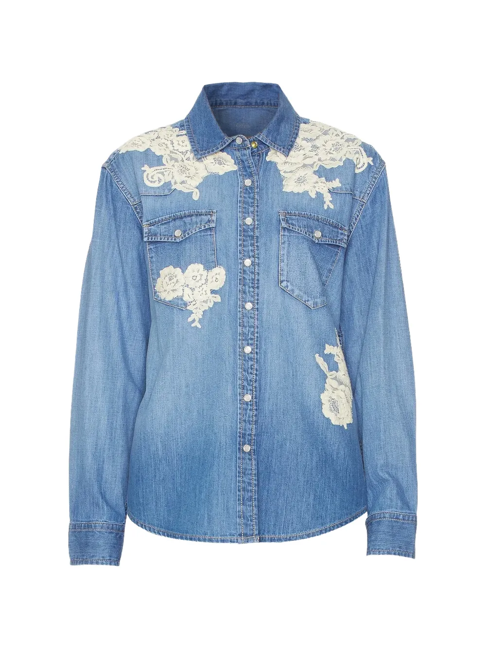 LoveShackFancy lace-appliqué denim shirt - Blue
