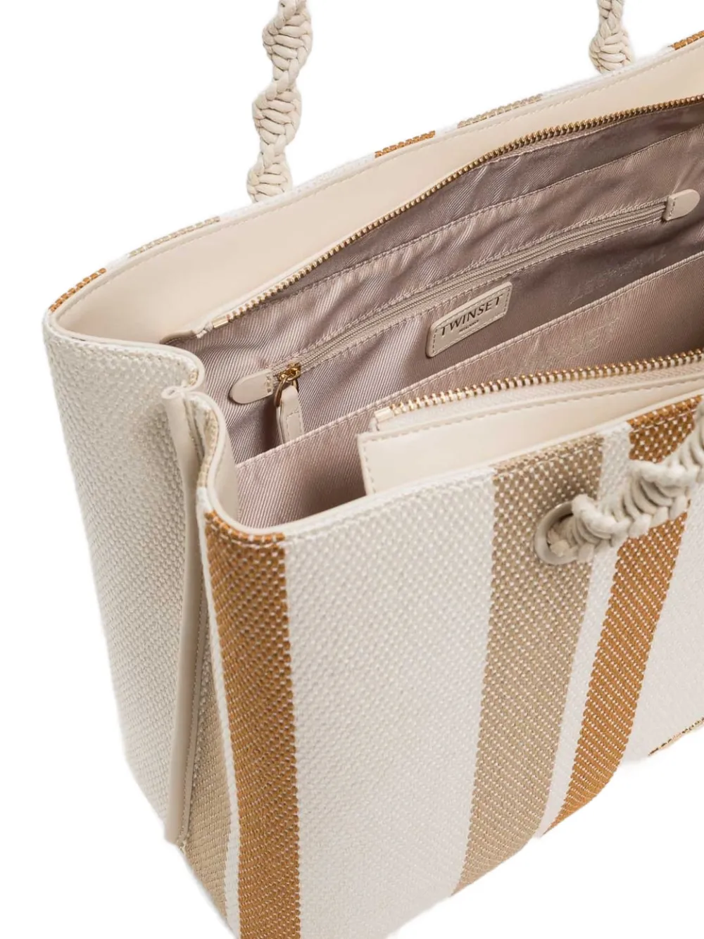 TWINSET Gestreepte shopper met gedraaid handvat Beige