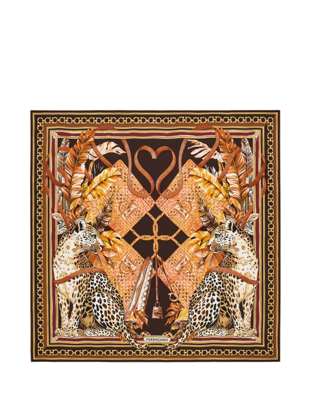 Ferragamo Poised leopards print silk scarf - Brown