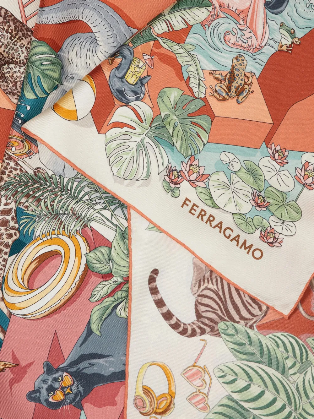 Ferragamo Zijden sjaal met Jungle Party-print Beige