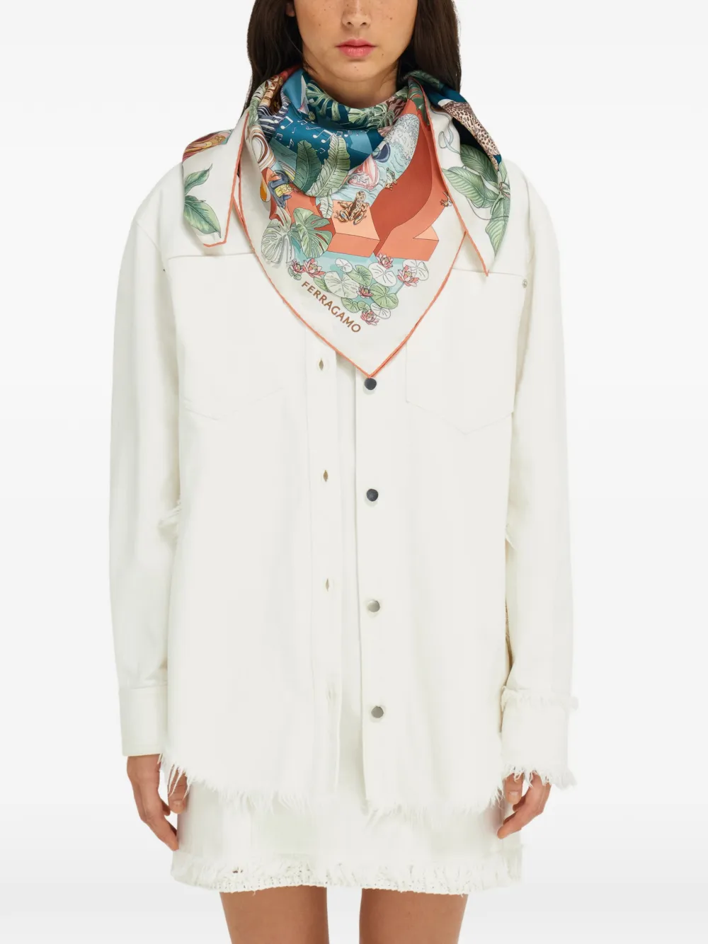 Ferragamo Zijden sjaal met Jungle Party-print Beige