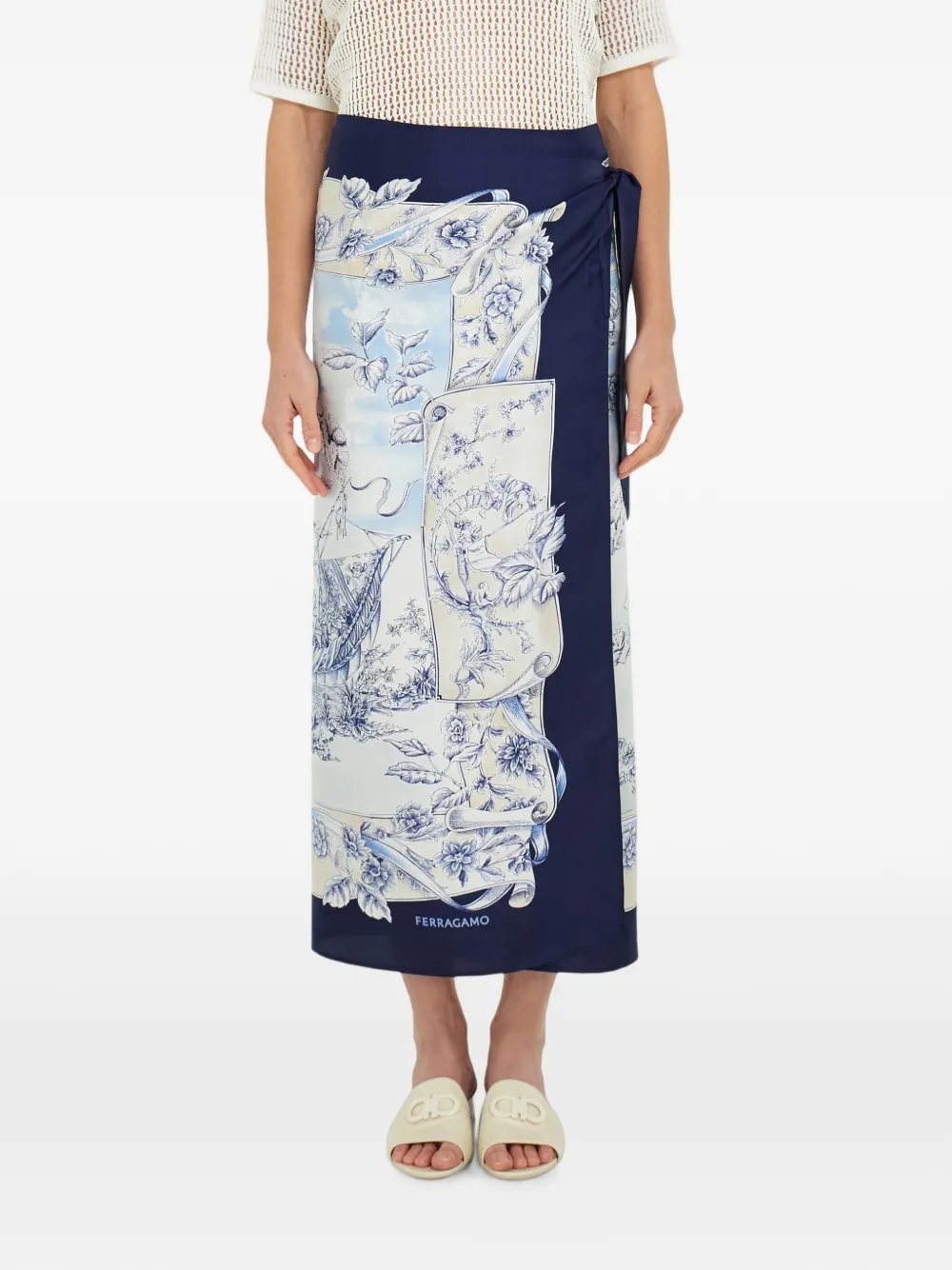 Ferragamo Zijden wikkelrok met Voyage-print Wit