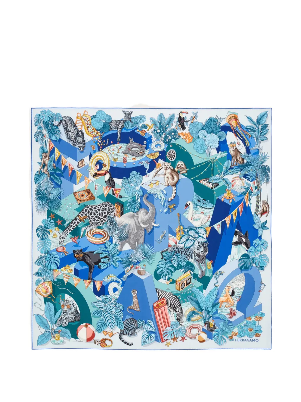 Ferragamo Jungle-Party print silk scarf - Blu
