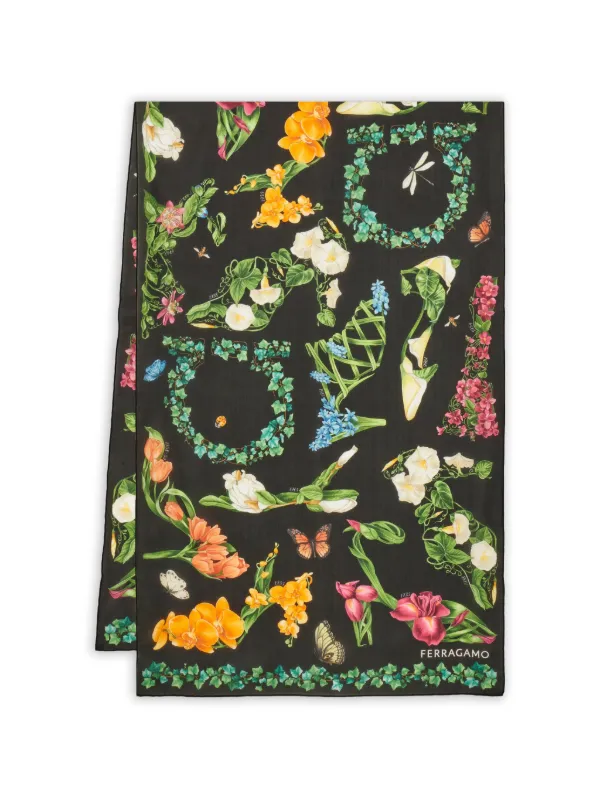 Ferragamo Eden Shoes-print Silk Scarf in Black