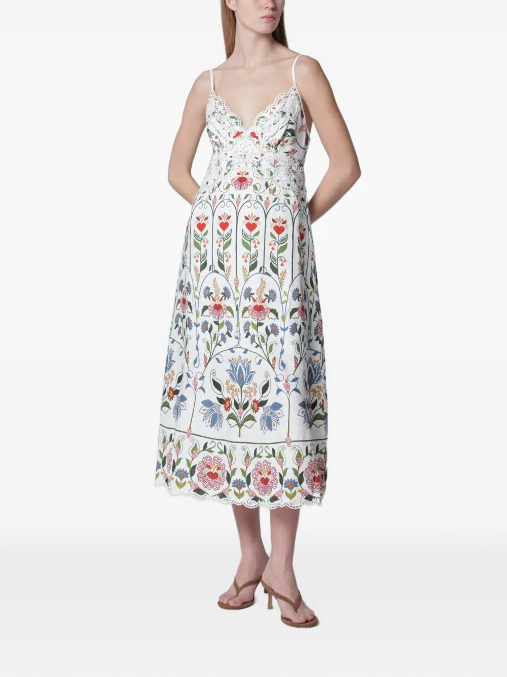 FARM Rio embroidered scallop-edge midi dress - Bianco