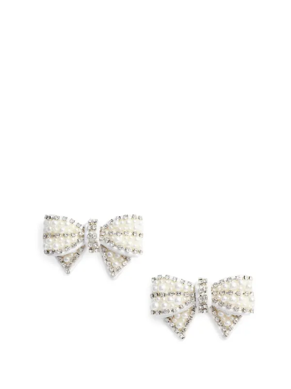 Self-Portrait Pearl-embellished Satin Bow Earrings in Silver