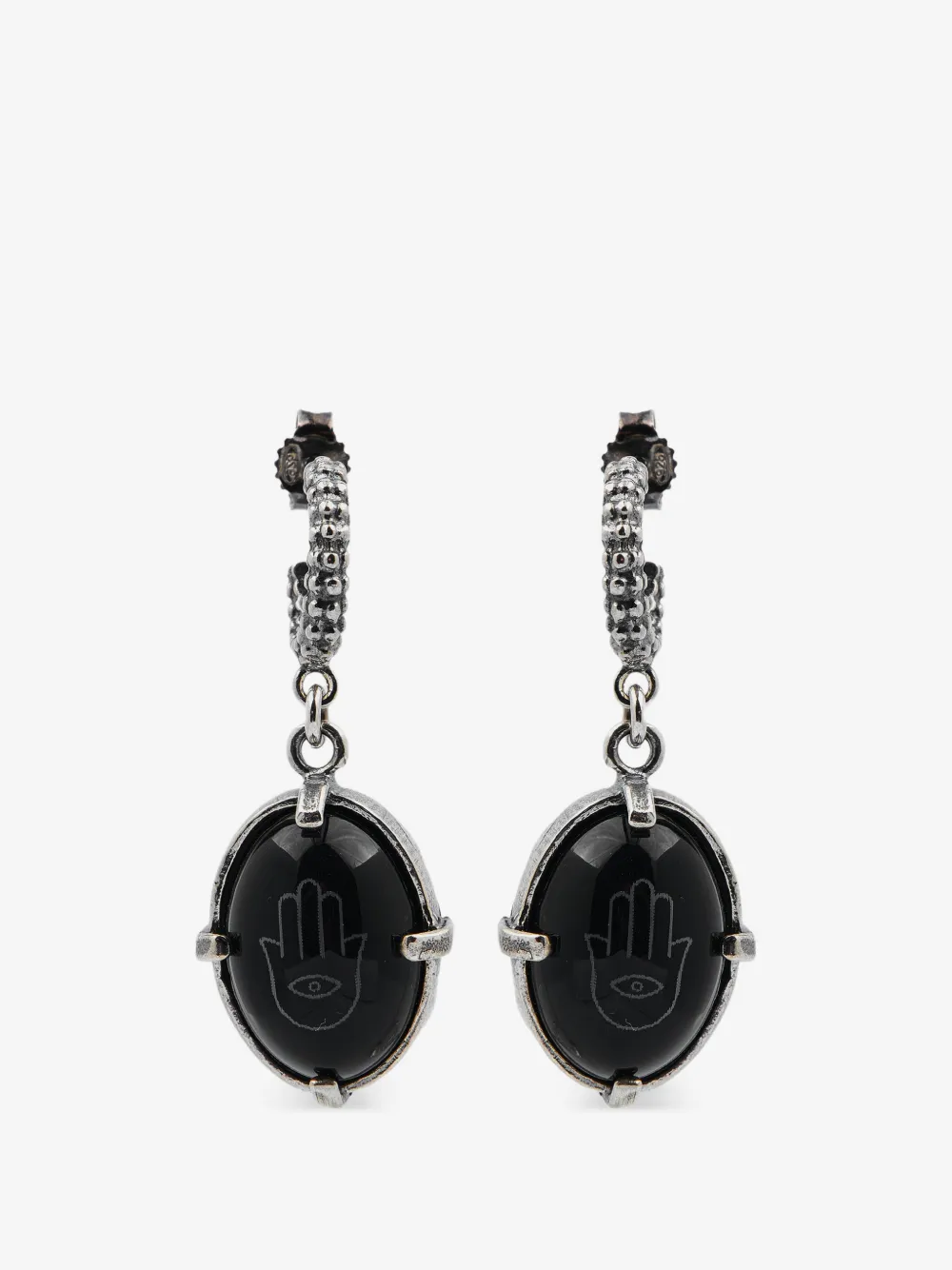 Gem Kingdom Hamsa-engraved onyx drop earrings | Silver | Image 1