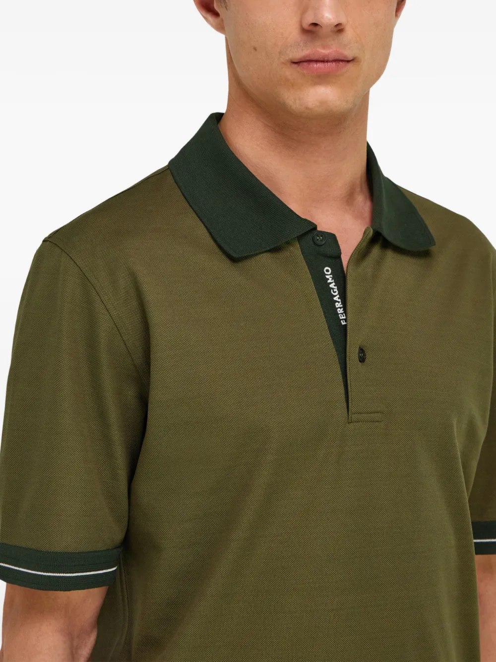 Ferragamo Piqué-weave Contrast-collar Polo Shirt in Green, view 5
