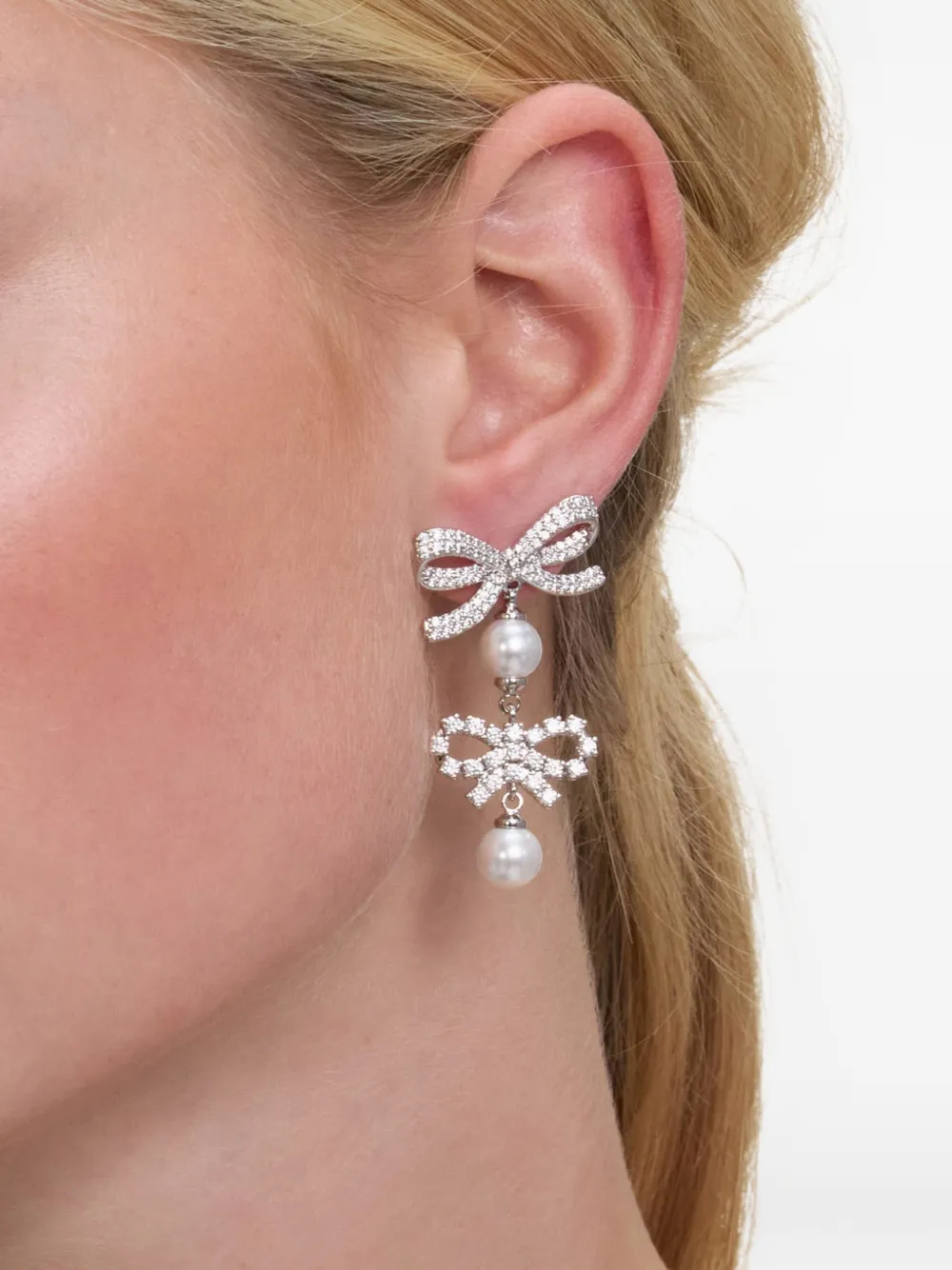 Self-Portrait Double-bow Pearl Earrings in Silver, view 2
