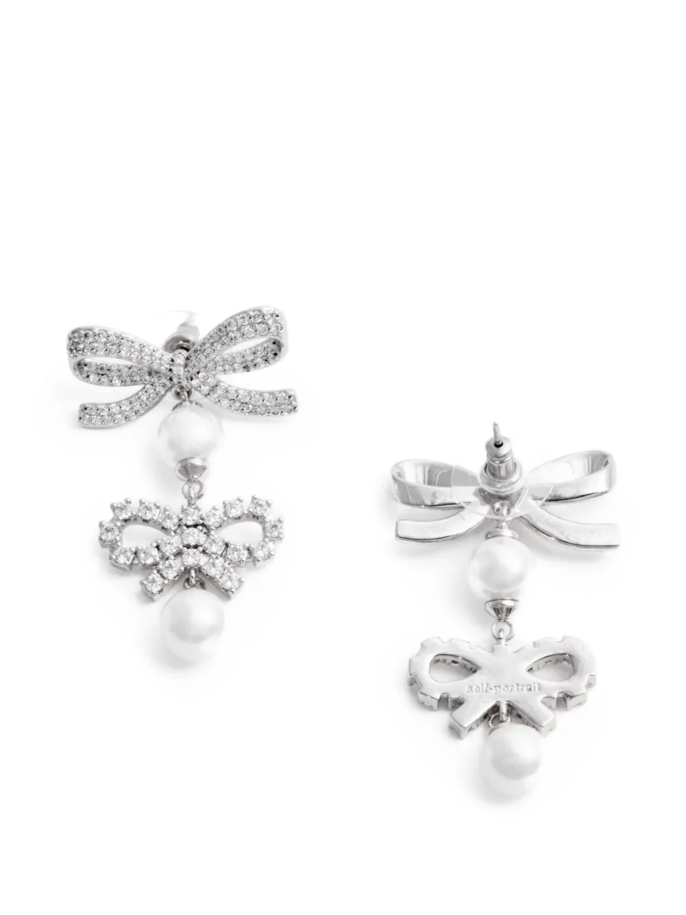 Self-Portrait Double-bow Pearl Earrings in Silver, view 3