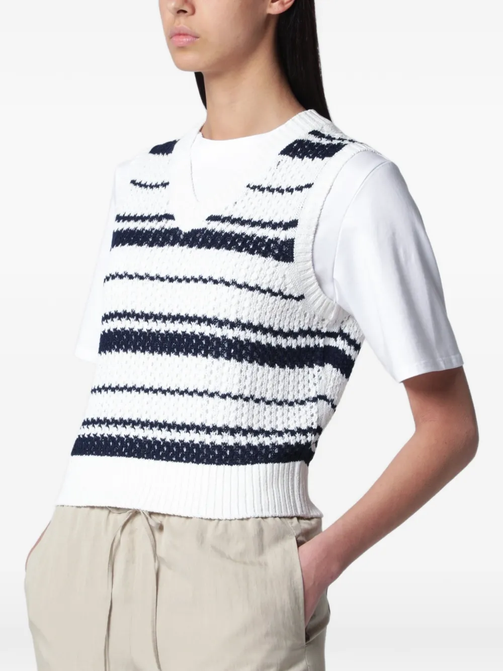 DUNST chunky-knit V-neck striped vest - Bianco