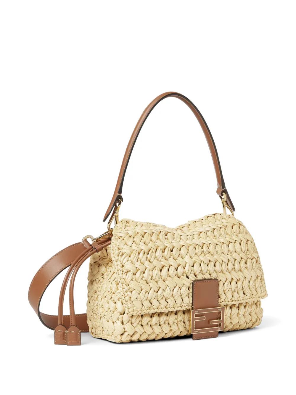 FENDI Mama Baguette geweven raffia schoudertas Beige