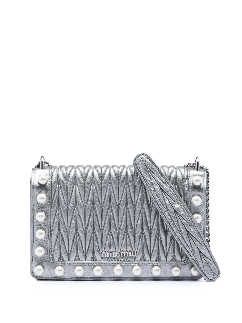 Miu Miu Pre-Owned 2010-2025 Matelasse Metallic Nappa Faux Pearl Flap crossbody bag - Argento