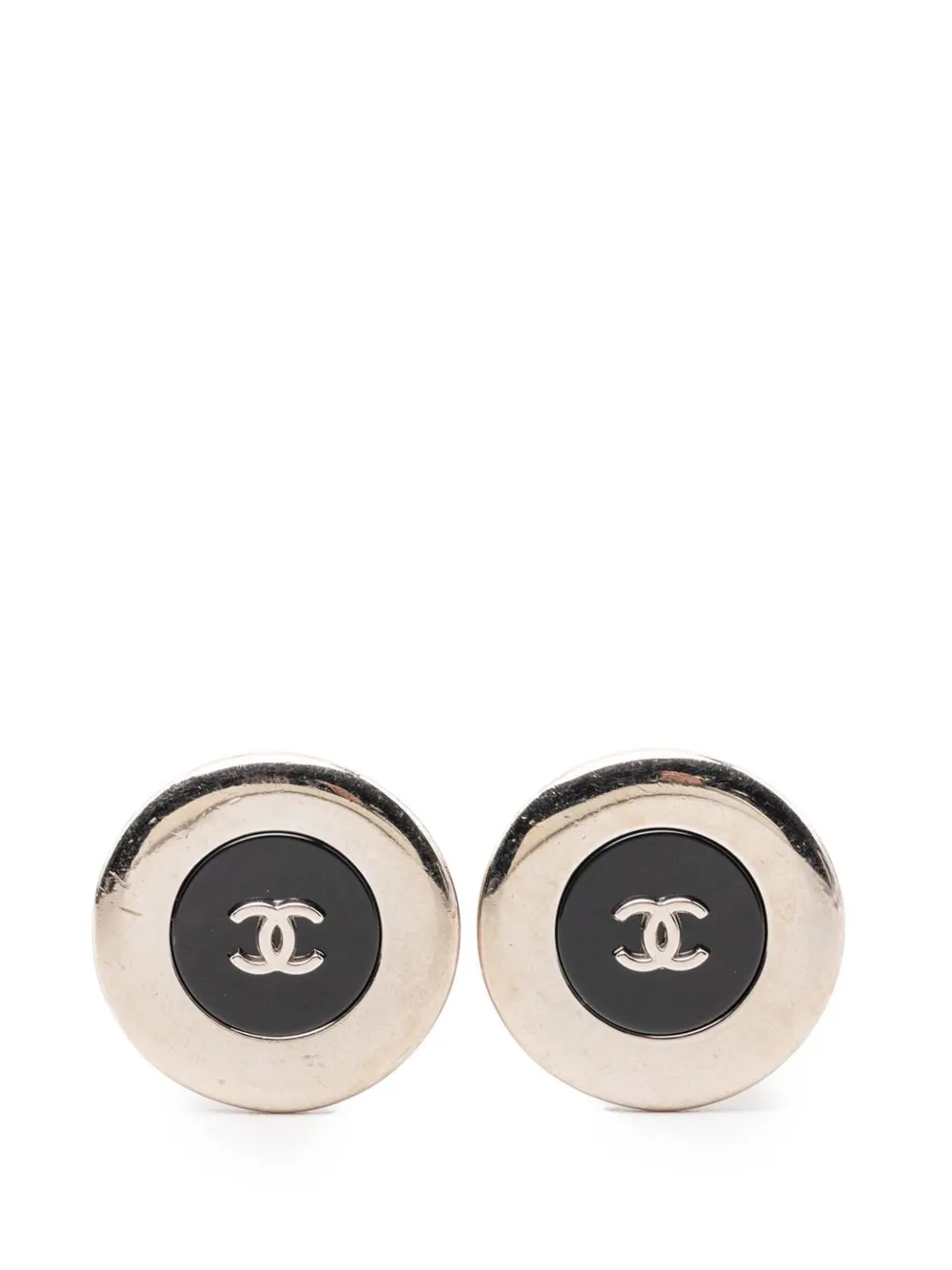 CHANEL Pre-Owned 1997 Silver Plated and Enamel CC Button Clip On Earrings costume earrings - Silber