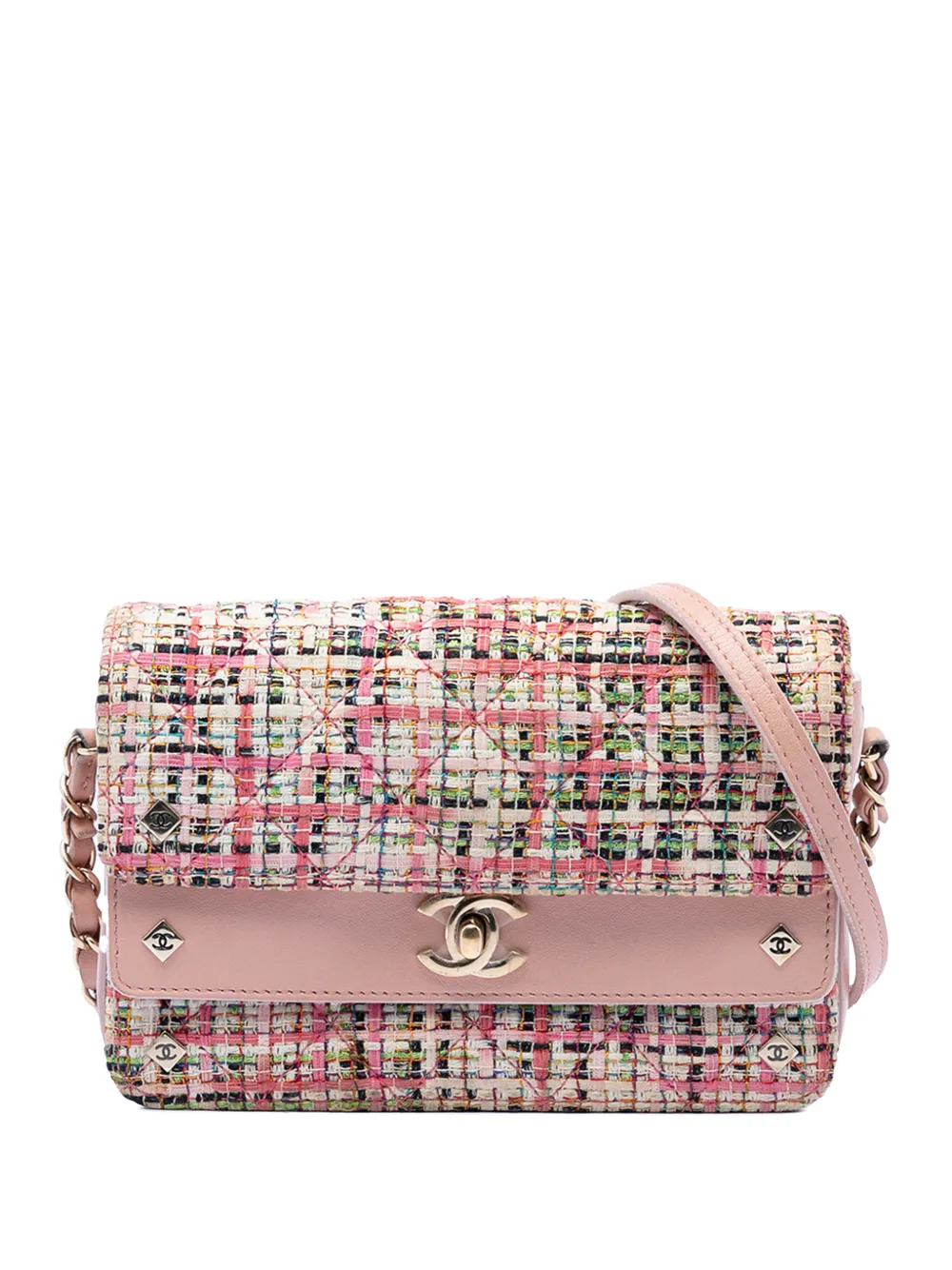 CHANEL Pre-Owned 2016-2017 Small Tweed CC Stud Double Flap crossbody bag - Rosa